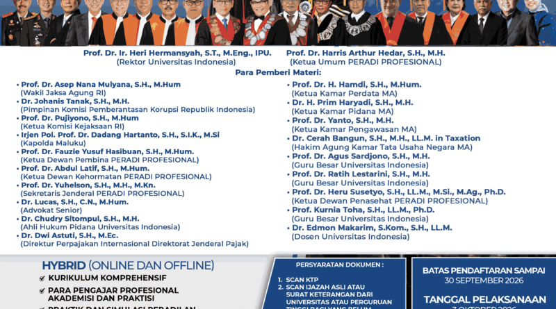 Universitas Indonesia dan PERADI Profesional Buka Pendaftaran PKPA Angkatan I 2026, Hadirkan Pengajar dari MA, Kejaksaan hingga KPK Universitas Indonesia dan PERADI Profesional Buka Pendaftaran PKPA Angkatan I 2026, Hadirkan Pengajar dari MA, Kejaksaan hingga KPK